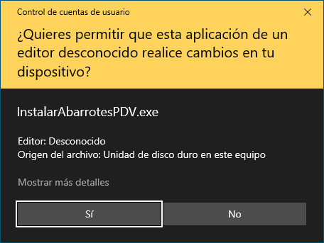 Control de cuentas de usuarios - Instalando AbarrotesPDV